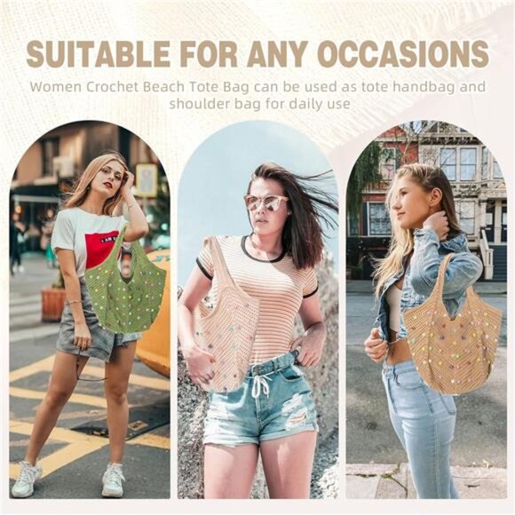 Boho Crochet Beach Tote Bag for Women, Beige - Picture 5 of 5